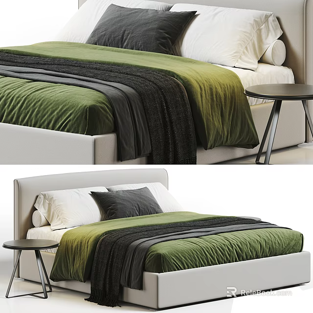 Modern Double Bed with Green Bedspread Black Blanket White Pillows and Side Table 3d model 