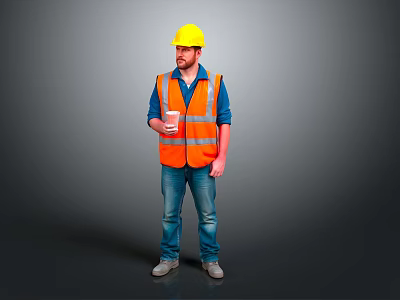 Construction Worker In Yellow Hard Hat And Orange Reflective Vest With White Cup 3d model