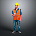 Construction Worker In Yellow Hard Hat And Orange Reflective Vest With White Cup