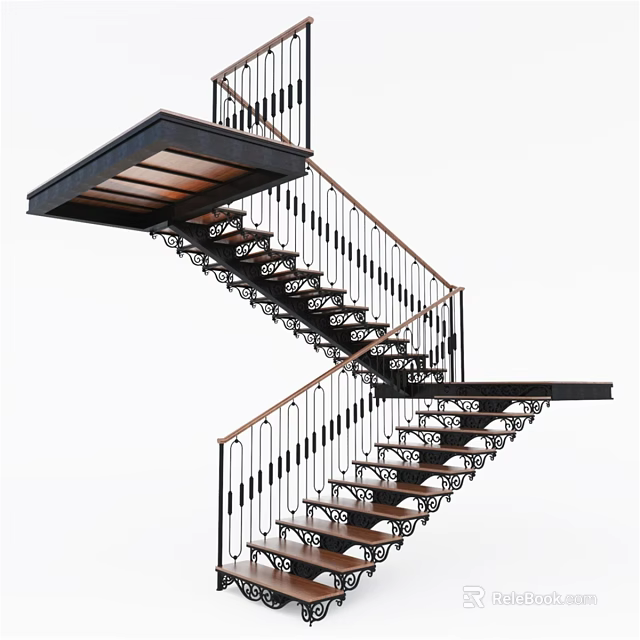 Modern Geometric Staircase Design With Black Metal Railings And Brown Wooden Steps 3d model 
