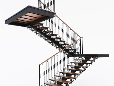 Modern Geometric Staircase Design With Black Metal Railings And Brown Wooden Steps 3d model