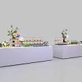 White Display Tables With Assorted Food Items And Fresh Floral Decorations