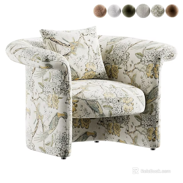 Stylish Accent Chair with Floral and Bird Print Upholstery and Matching Pillow 3d model 
