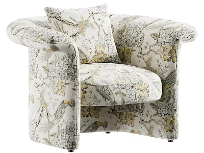 Stylish Accent Chair with Floral and Bird Print Upholstery and Matching Pillow 3d model