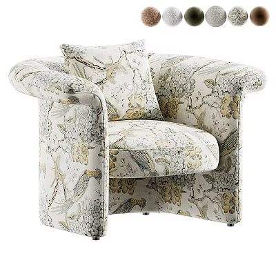 Stylish Accent Chair with Floral and Bird Print Upholstery and Matching Pillow 3d model