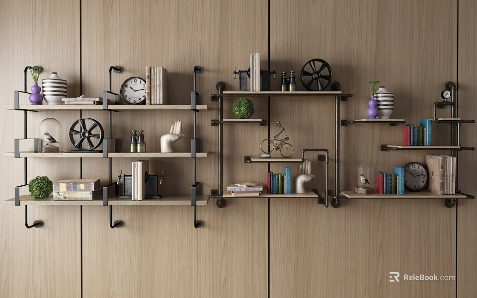 Modern Wooden Wall Interior With Wall Cabinets Shelves Books And Decorative Items 3d model 