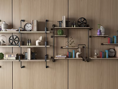 Modern Wooden Wall Interior With Wall Cabinets Shelves Books And Decorative Items 3d model