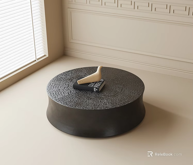 Round Black Coffee Table With Textured Surface Bird Decor And Black Book 3d model