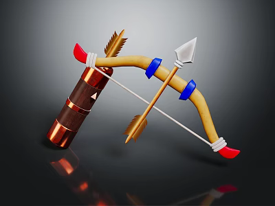 Wooden Bow And Arrow With Blue Accents Red Tips As Decorative Household Item 3d model