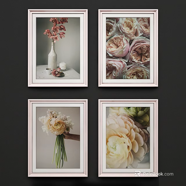 Flower Decorative Wall Art With White Framed Prints And Different Floral Designs 3d model 