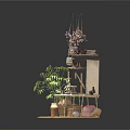 Rustic Decorative Shelf Display With Potted Plant Woven Baskets And Hanging Tools