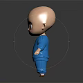 Cute 3D Cartoon Character With Bald Head In Blue Outfit Standing On Black Background