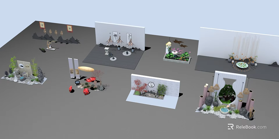 Creative Garden Ornaments Display With Diverse Plants Stones And Decorative Elements 3d model