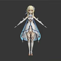 Elegant 3D Fantasy Character With Blonde Hair And Blue White Dress Standing Pose