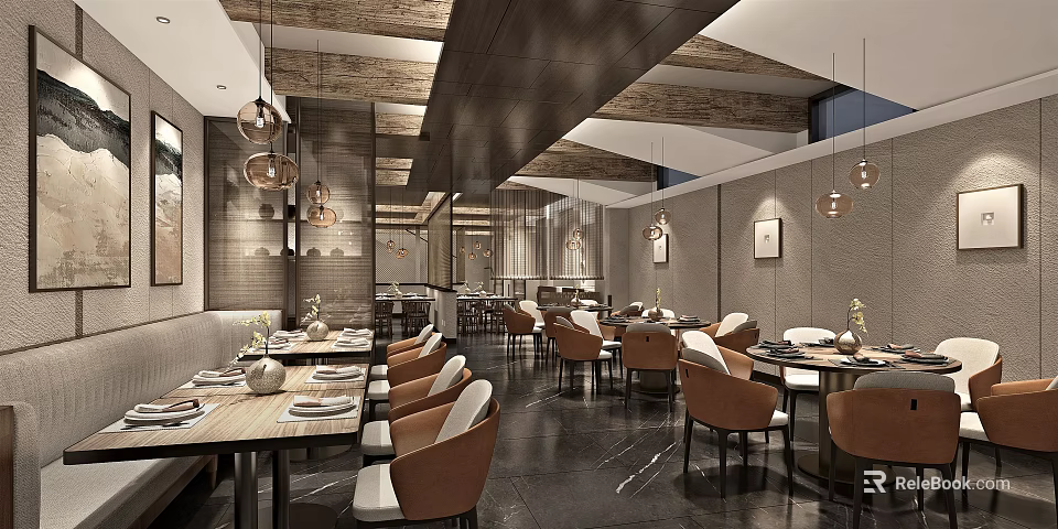 Modern Restaurant Interior With Wooden Ceiling Pendant Lights Dining Tables And Chairs 3d model 