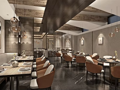 Modern Restaurant Interior With Wooden Ceiling Pendant Lights Dining Tables And Chairs 3d model