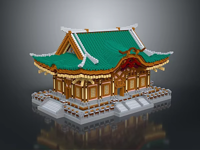 Traditional Asian Architecture With Curved Eaves Green Roof And Golden Decorations 3d model
