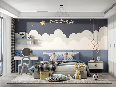 Blue Themed Kids Room Interior With Cloud Wallpaper Star Decorations And Deer Plush Toy 3d model