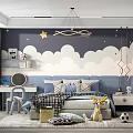 Blue Themed Kids Room Interior With Cloud Wallpaper Star Decorations And Deer Plush Toy