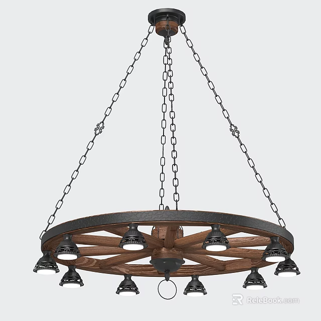 Rustic Wheel Shaped Wooden Chandelier with Metal Chains and Black Bulbs for Indoor Lighting 3d model 