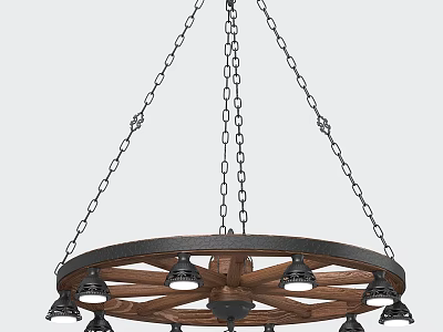 Rustic Wheel Shaped Wooden Chandelier with Metal Chains and Black Bulbs for Indoor Lighting 3d model