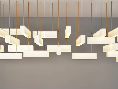 Multiple Modern Chandeliers With White Rectangular Shades And Gold Hanging Rods 3d model