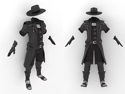 Stylish Black Roleplay Outfit With Long Coat Hat Vest Gloves And Boots 3d model