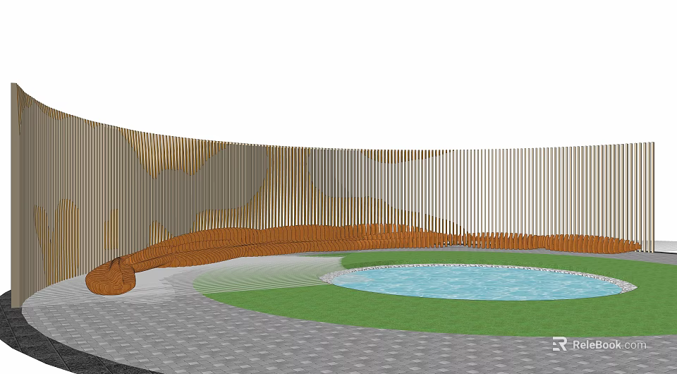 Wooden Curved Landscape Seat Near Water Pool And Green Lawn Area 3d model 
