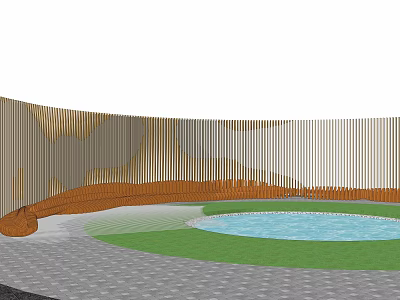 Wooden Curved Landscape Seat Near Water Pool And Green Lawn Area 3d model