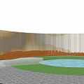 Wooden Curved Landscape Seat Near Water Pool And Green Lawn Area