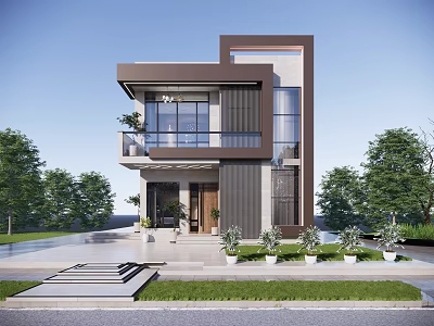 Modern Detached Villa Exterior Design Two Story Large Glass Windows Balcony Plants Front Yard Greenery 3d model
