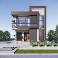 Modern Detached Villa Exterior Design Two Story Large Glass Windows Balcony Plants Front Yard Greenery