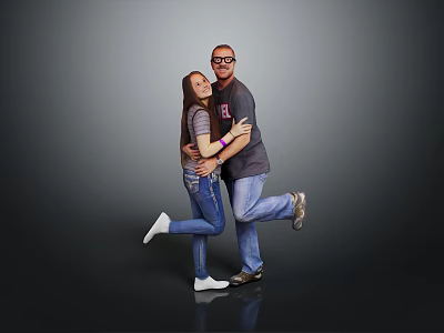Happy Man And Woman Hugging In Gray Shirts Blue Jeans Lifting Legs On Gray Background 3d model