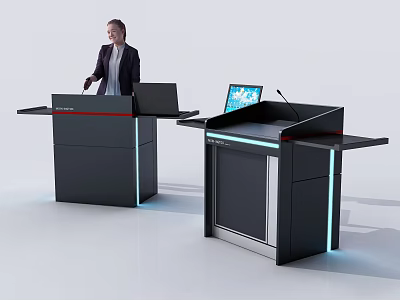 Modern Black Podium Design With Laptop Microphone And LED Light Features 3d model