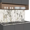 Modern Kitchen Cabinets With Marble Countertop Sink Faucet And Plates On Shelf