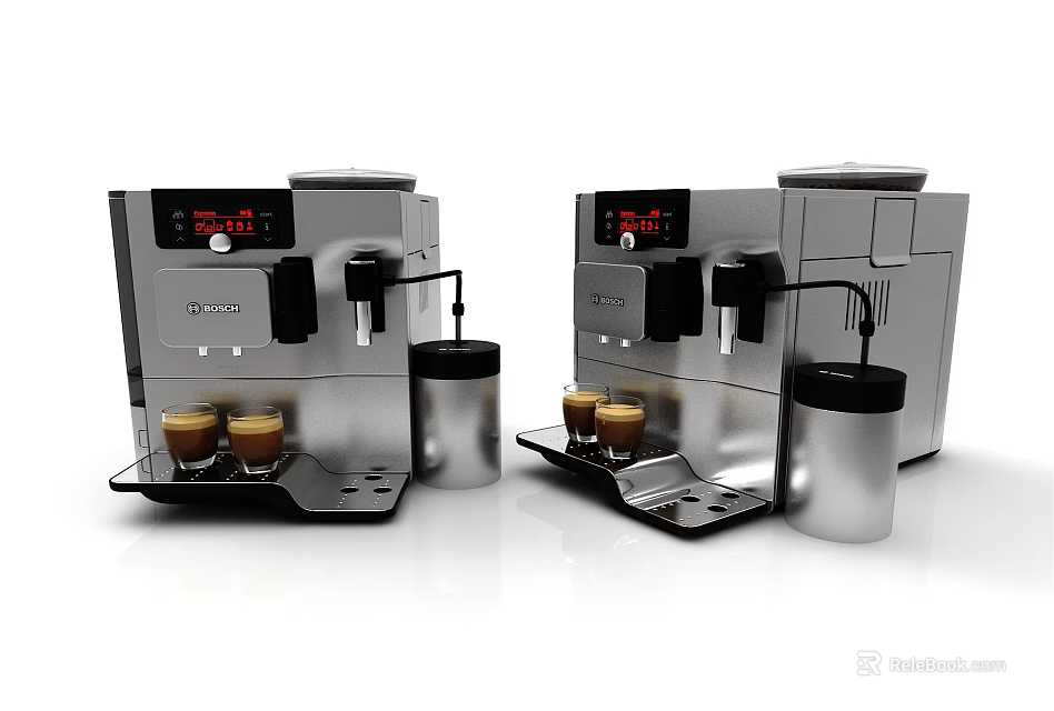 Two Silver Automatic Coffee Machines With Digital Display And Coffee Cups 3d model