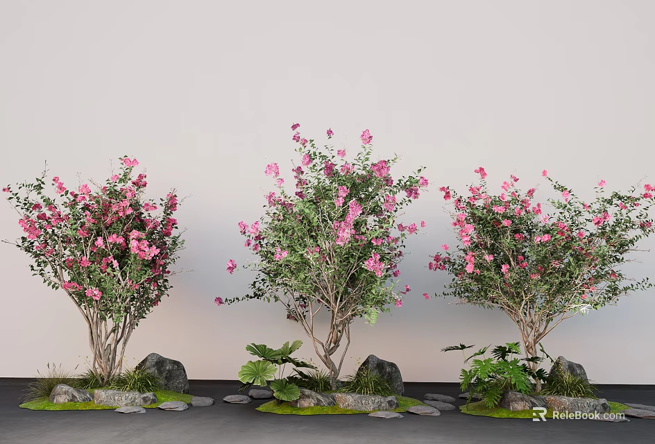 Pink Flowering Trees With Green Plants And Stones Against Gray Background Wall 3d model 