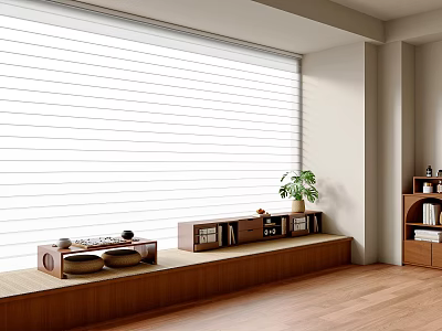 White Window Blinds in Cozy Interior with Wooden Floor Platform Potted Plant and Bookshelf 3d model