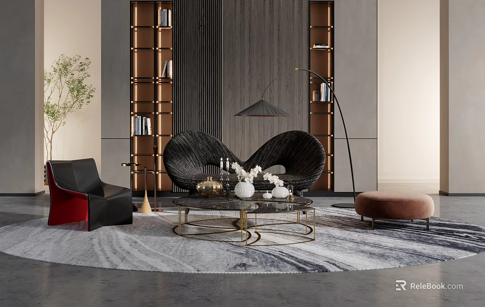Modern Sofa and Coffee Table Set With Floor Lamp Bookshelves Decorative Vases on Rug 3d model 