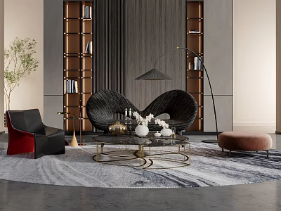 Modern Sofa and Coffee Table Set With Floor Lamp Bookshelves Decorative Vases on Rug 3d model