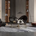 Modern Sofa and Coffee Table Set With Floor Lamp Bookshelves Decorative Vases on Rug