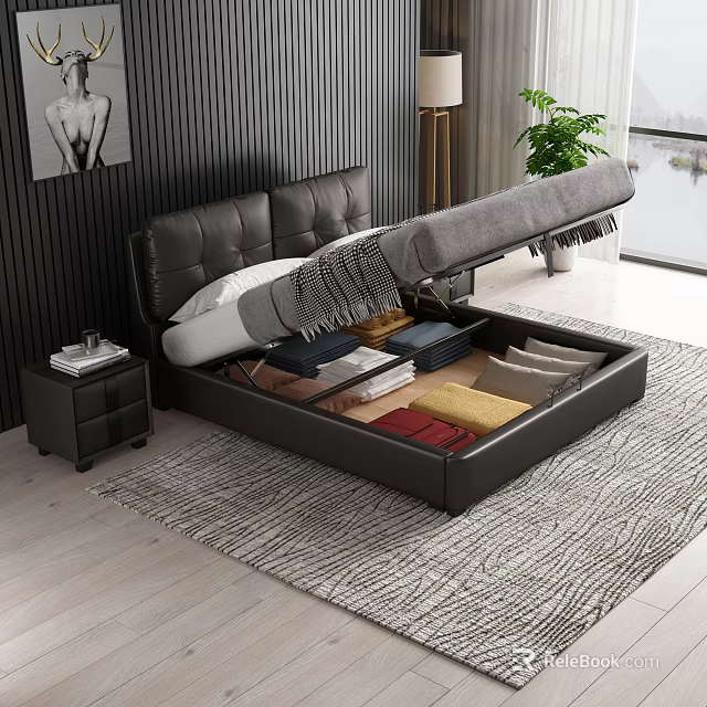 Black Leather Storage Platform Bed With Upholstered Headboard Drawers Dark Striped Accent Wall And Green Plants 3d model 