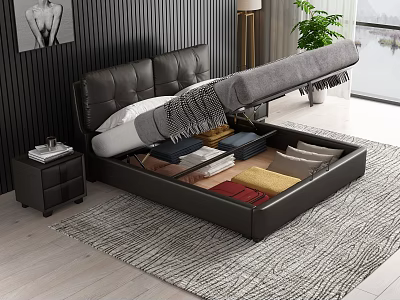 Black Leather Storage Platform Bed With Upholstered Headboard Drawers Dark Striped Accent Wall And Green Plants 3d model