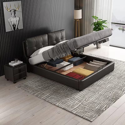 Black Leather Storage Platform Bed With Upholstered Headboard Drawers Dark Striped Accent Wall And Green Plants 3d model