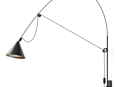 Modern Black Wall Lamp with Curved Metal Arm and Cone Shade Design 3d model