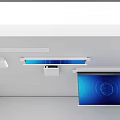 Ceiling Mounted Projection Screen With Monitoring Equipment And Blue Display Interface In Indoor Setting