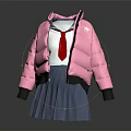 Pink Puffer Jacket Outfit with Red Tie and Blue Pleated Skirt Casual Style