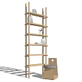 Modern Wooden Bookshelf with Multiple Shelves and Decorative Items Plus Small Stool