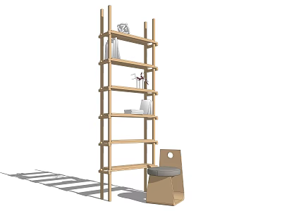 Modern Wooden Bookshelf with Multiple Shelves and Decorative Items Plus Small Stool 3d model