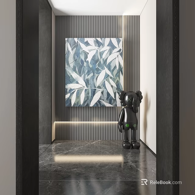 Abstract Painting in Modern Interior with Black Sculpture and Striped Wall Design on Marble Floor 3d model 